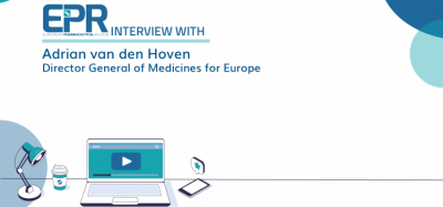 Interview title slide stating the interview is with Adrian van den Hoven, Director General of Medicines for Europe