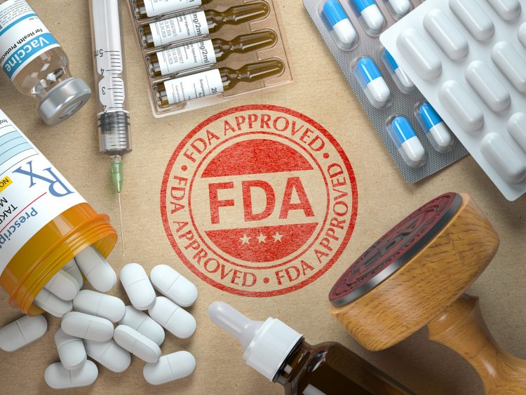 stamp stating 'FDA Approved' surrounded by various medicines, including tablets, vaccines, nasal sprays etc