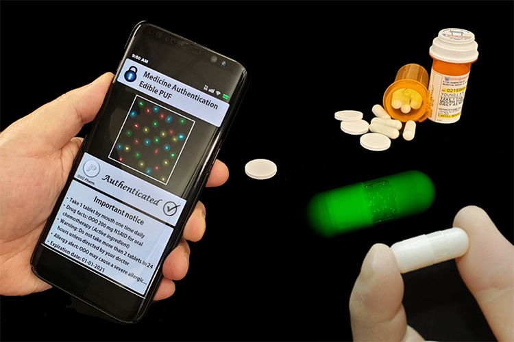 Figure 1: Smartphones can be used to detect a new cyber-physical watermark to determine whether the medication they are taking is real or fake [Credit: Purdue University photo/John Underwood].