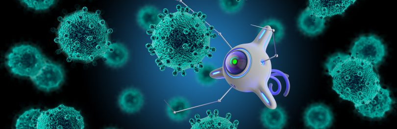 illustration of a white nanobot interacting with a green cell